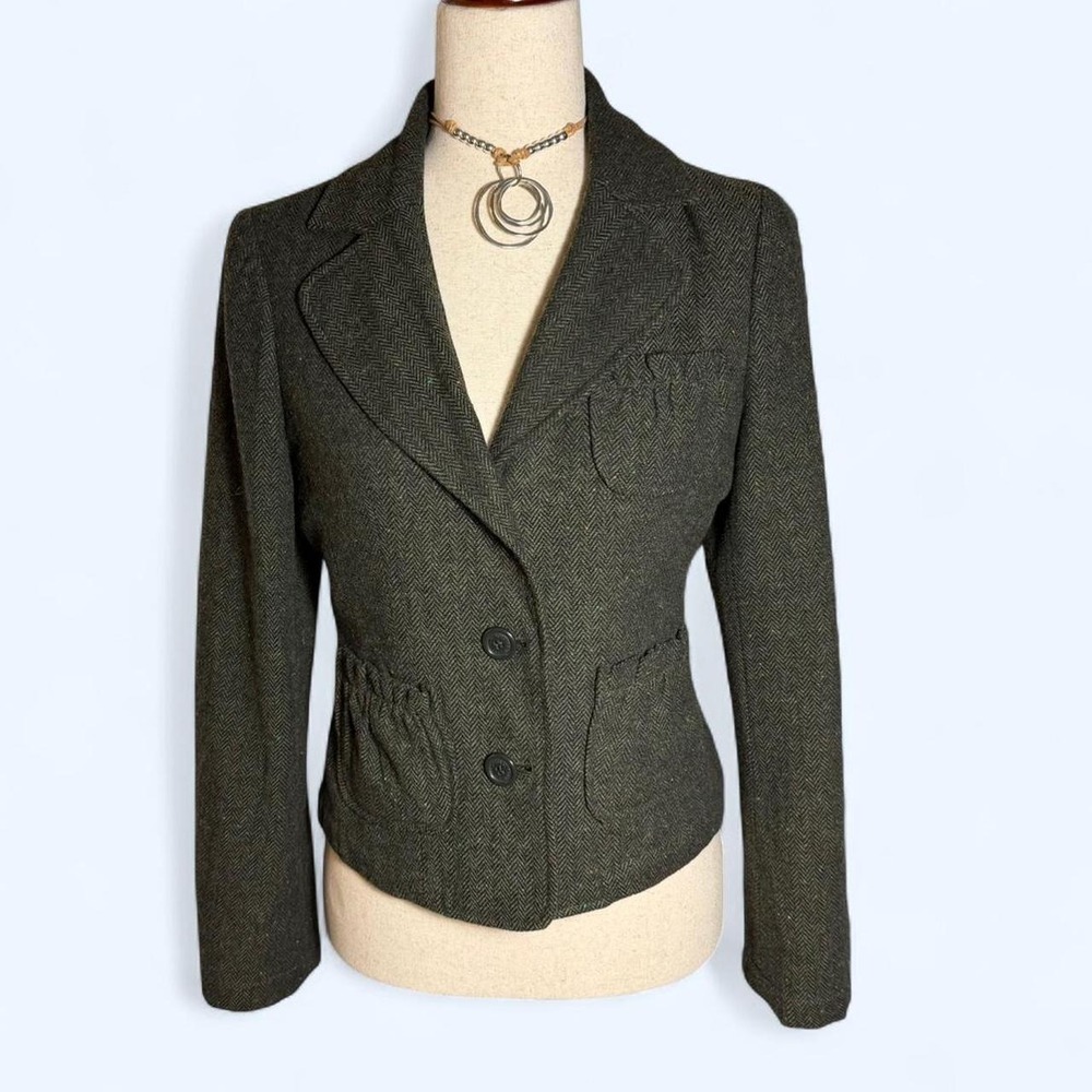 Forever 21 Wool Herringbone Tweed Blazer Jacket Green Ruffle Pocket Y2K Medium
